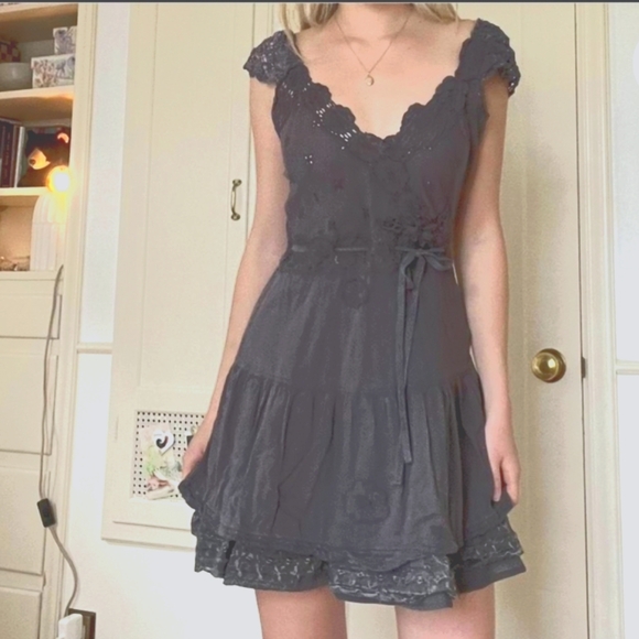 Free people Dusty Blue Lace Applique Cap Sleeve Mini Dress - Picture 2 of 11